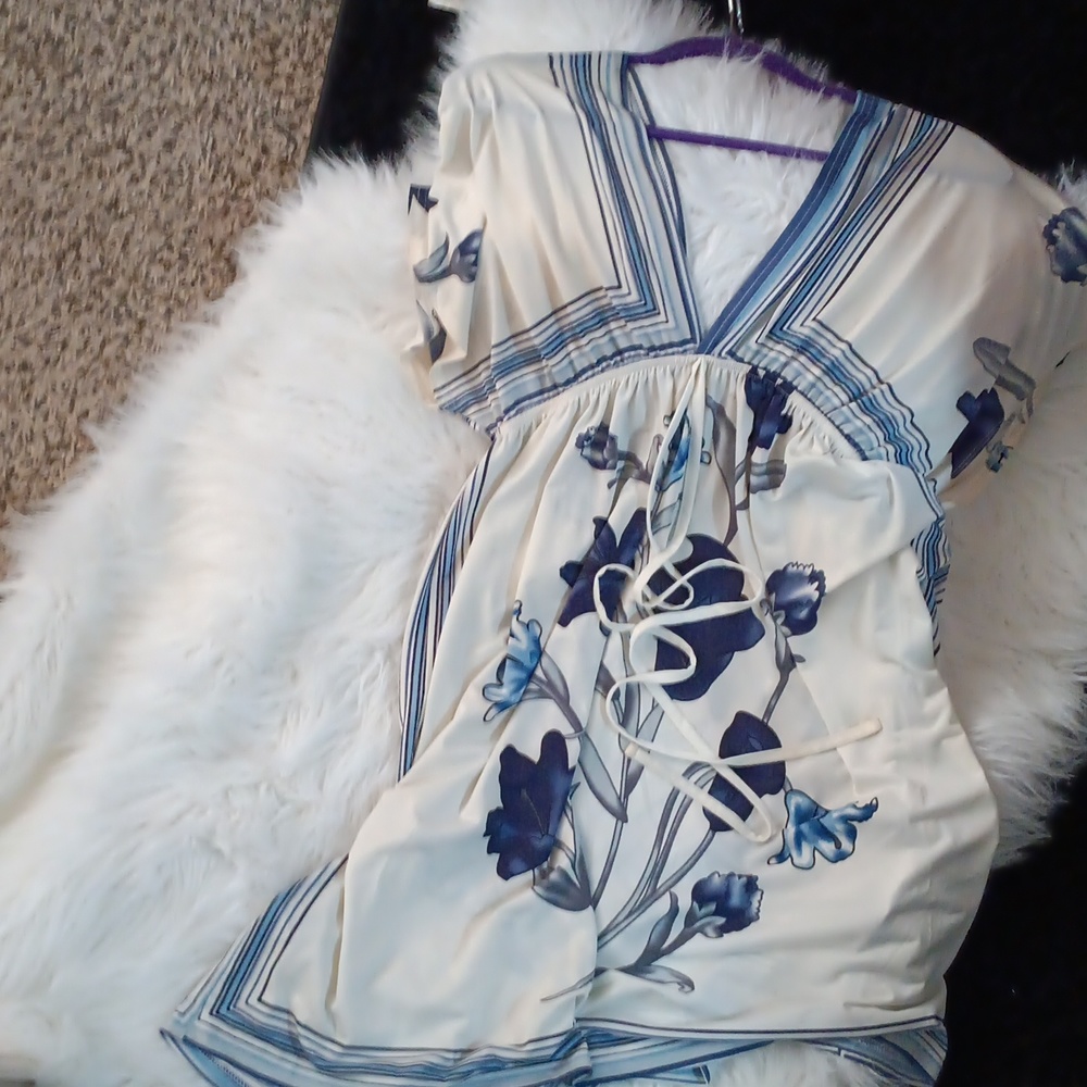Blue & white double deep V mini dress